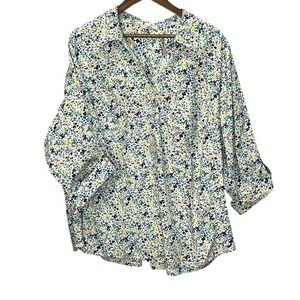 Croft And Barrow Womens Top Floral 3/4 Sleeve Button Down Collar Cottagecore 3X
